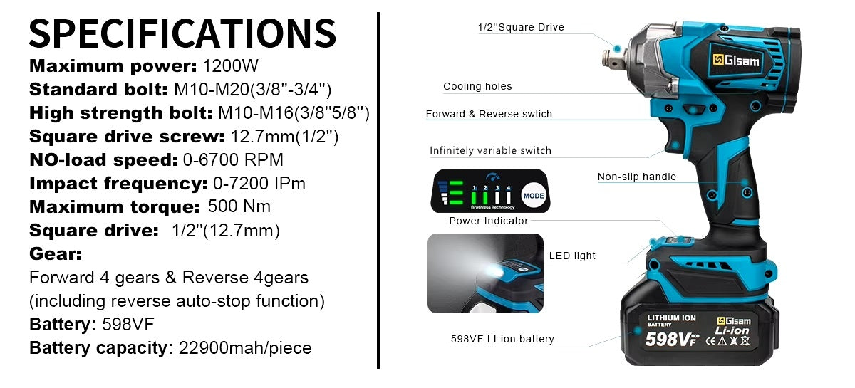 500Nm Avvitatore a Impulsi a Batteria 18V Elettrico Motore Senza Spazzole