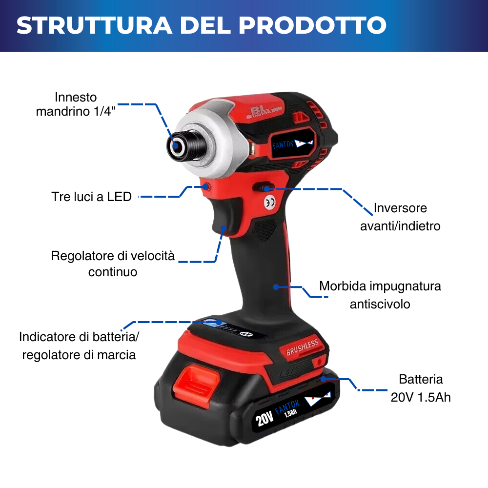 Avvitatore a Impulsi a Batteria 20V Brushless 180Nm