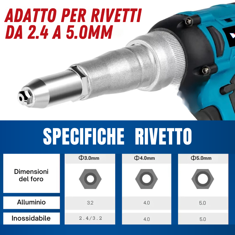 Rivettatrice a Batteria 20V da 2.4 a 5mm Brushless