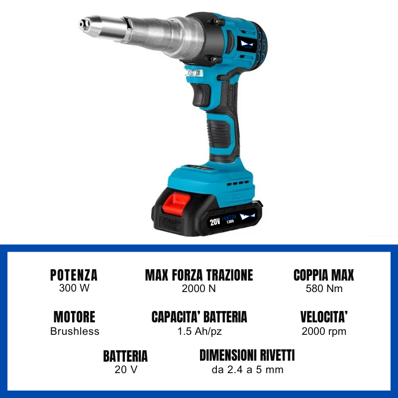 Rivettatrice a Batteria 20V da 2.4 a 5mm Brushless