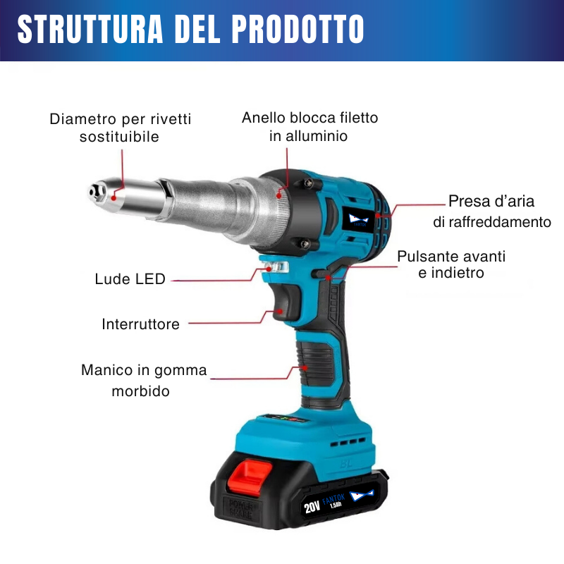 Rivettatrice a Batteria 20V da 2.4 a 5mm Brushless