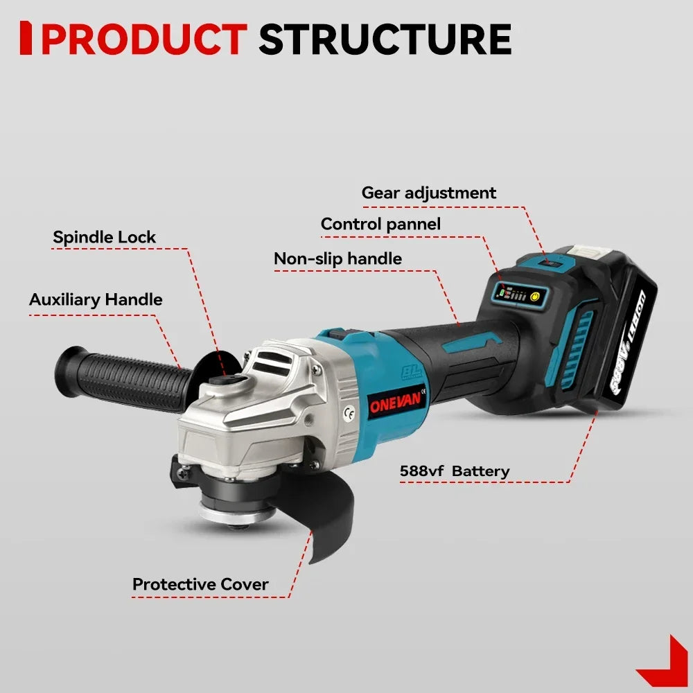 Smerigliatrice Angolare 125mm Batteria Senza Spazzole 6 Velocità per Makita 18V