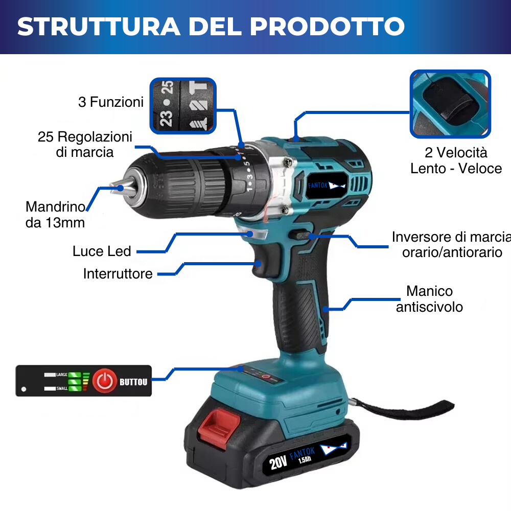 Avvitatore Trapano a Percussione a Batteria 20V Brushless 54Nm